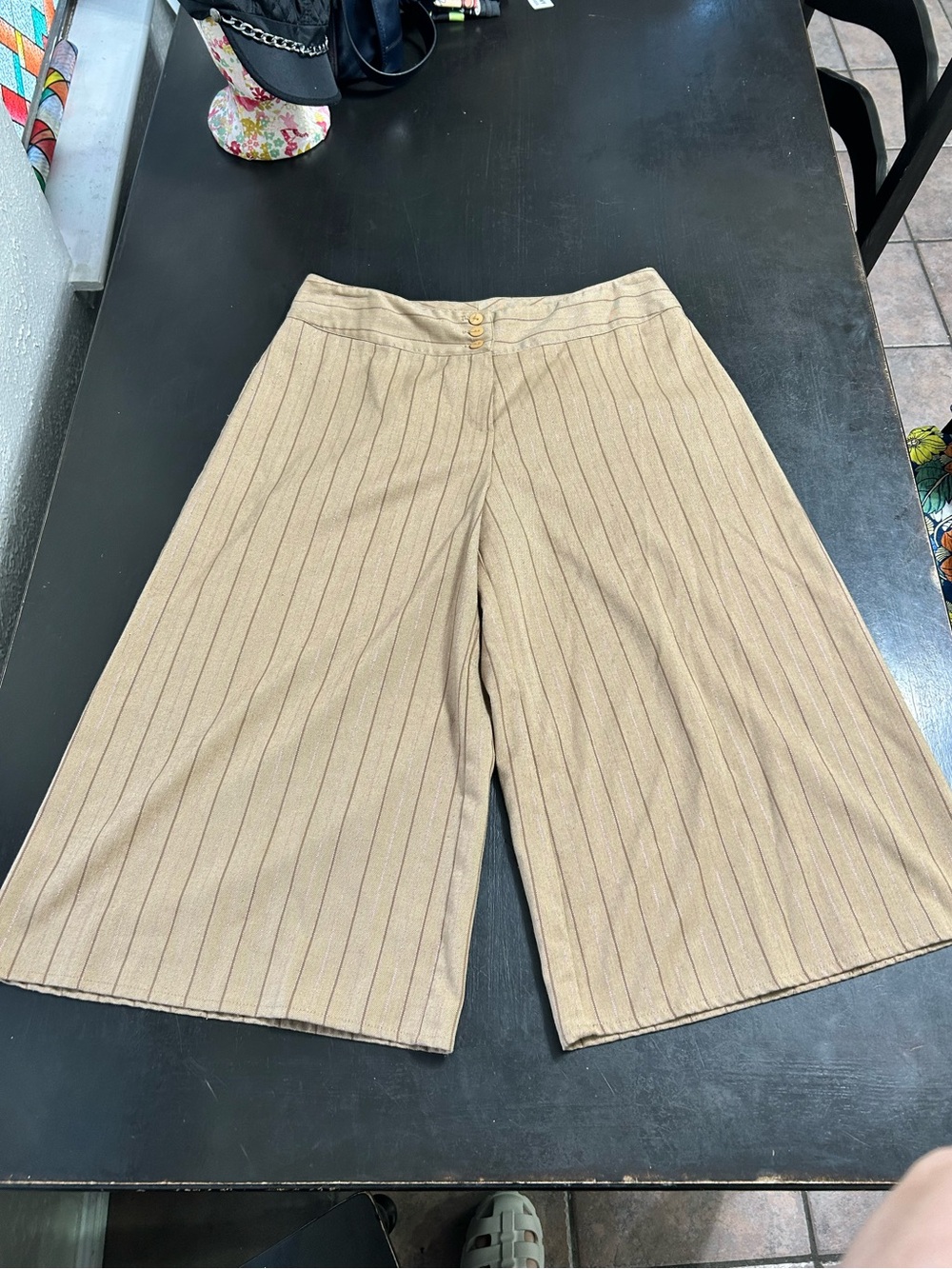 Beige Pinstripe Wide-Leg Crop Pants